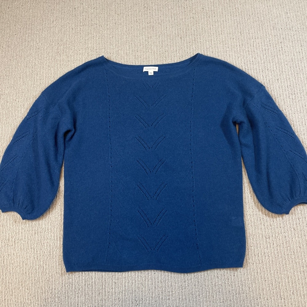 Garnet Hill Women's Small 100% Cashmere Bishop Sleeve Pointelle Sweater